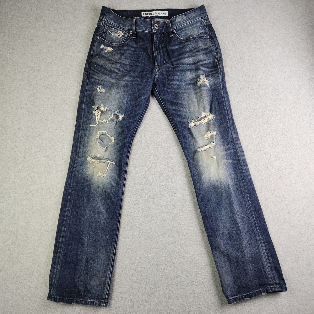 Express Jeans Mens 30x30 Blue Denim Stretch Distressed Rocco Slim Fit Straight